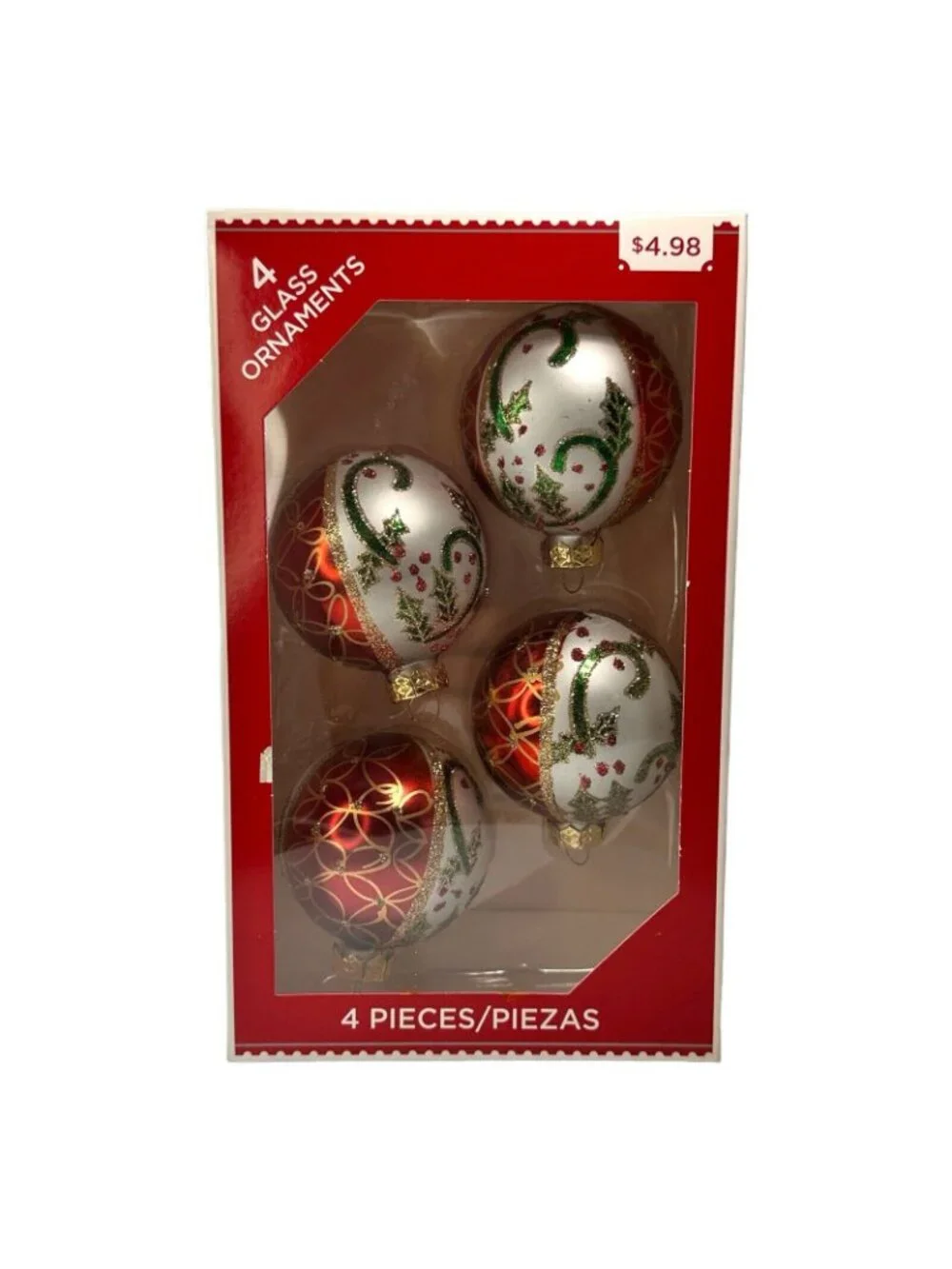 Holiday Time Classic Glittering Christmas Ornament Set (4) Vintage NOS